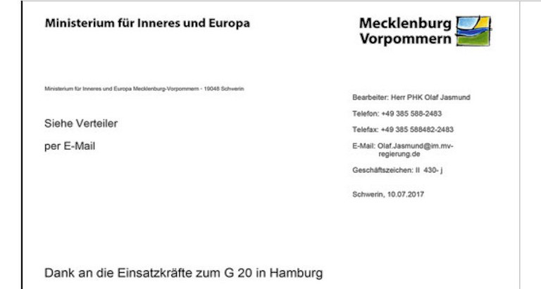Anerkennung und Wertschätzung für die Einsatzkräfte des G20-Gipfels in MV Anerkennung und Wertschätzung für die Einsatzkräfte des G20-Gipfels in MV