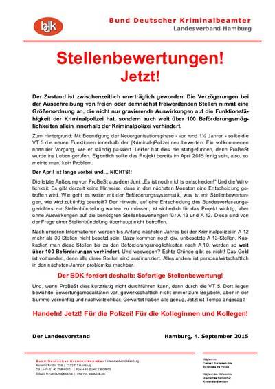  BDK Landesverband Hamburg fordert: Stellenbewertungen! Jetzt!