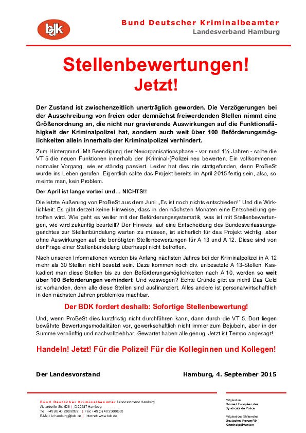 BDK Landesverband Hamburg fordert: Stellenbewertungen! Jetzt!