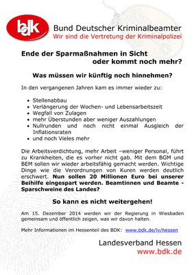 BDK Hessen beteiligt sich an den Demonstrationen gegen die Sparpläne der Landesregierung BDK Hessen beteiligt sich an den Demonstrationen gegen die Sparpläne der Landesregierung