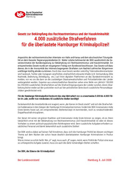 BDK Info: Gesetz zur Bekämpfung des Rechtsextremismus und der Hasskriminalität kommt - 4.000 zusätzliche Strafverfahren für die überlastete Hamburger Kriminalpolizei benötigt!