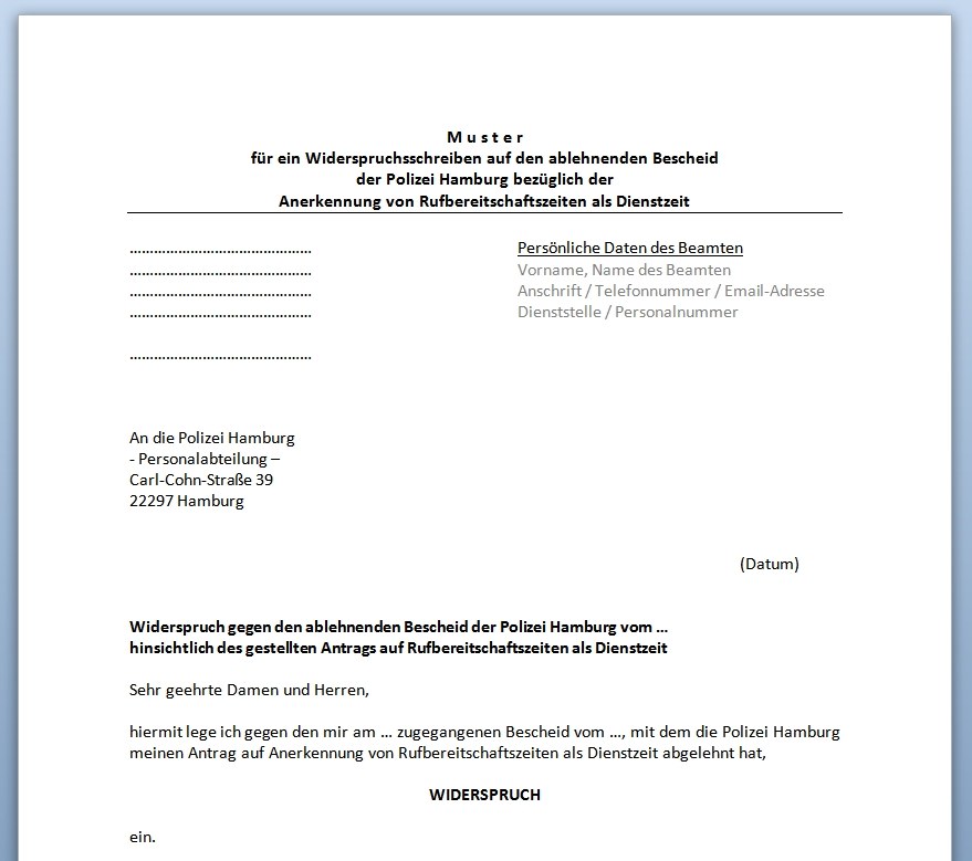 Musterwiderspruch i.S. Anerkennung der Rufbereitschaftszeiten als Dienstzeit