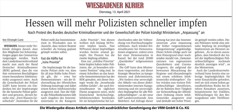 Protest des BDK Hessen erfolgreich - Impfstrategie wird ausgeweitet Protest des BDK Hessen erfolgreich - Impfstrategie wird ausgeweitet