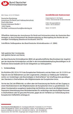 Schriftliche Stellungnahme des Bund Deutscher Kriminalbeamter e.V. Schriftliche Stellungnahme des Bund Deutscher Kriminalbeamter e.V.