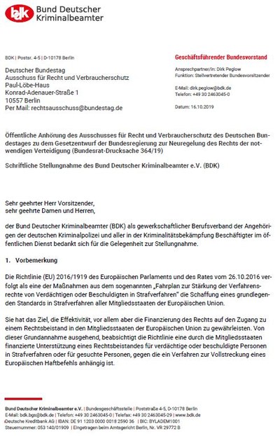 Schriftliche Stellungnahme des Bund Deutscher Kriminalbeamter e.V. Schriftliche Stellungnahme des Bund Deutscher Kriminalbeamter e.V.