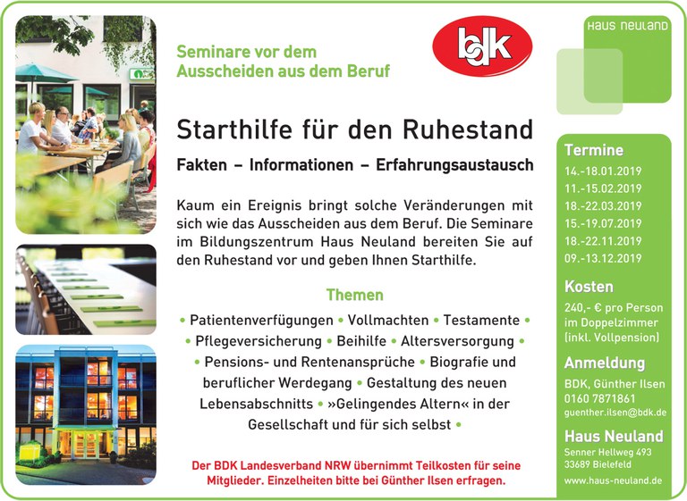 Seminare: Starthilfe für den Ruhestand 2019 Seminare: Starthilfe für den Ruhestand 2019