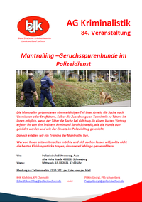84. Veranstaltung der AG Kriminalistik: Mantrailing –Geruchsspurenhunde im Polizeidienst